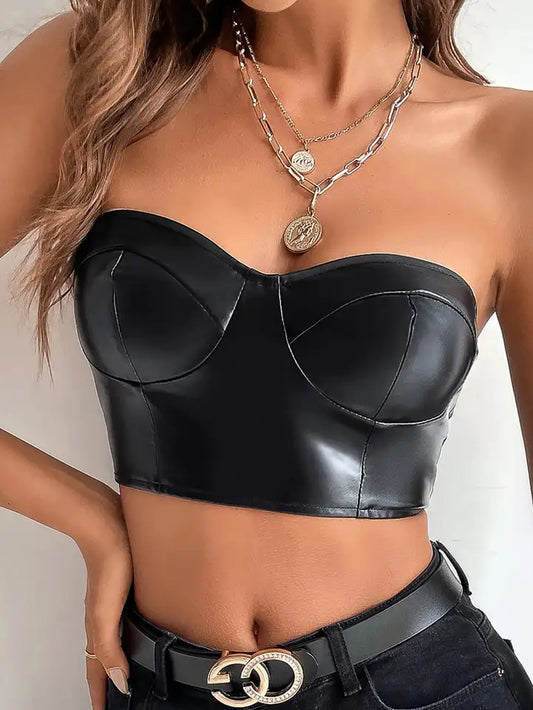 Black Leather Strapless Tube Top